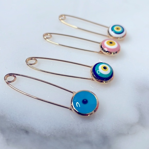 4 PIN SET Evil Eye Pin Gold 18K Plated 🧿 Pins Amulet Stroller Blue Pink El Ojo - Picture 6 of 12